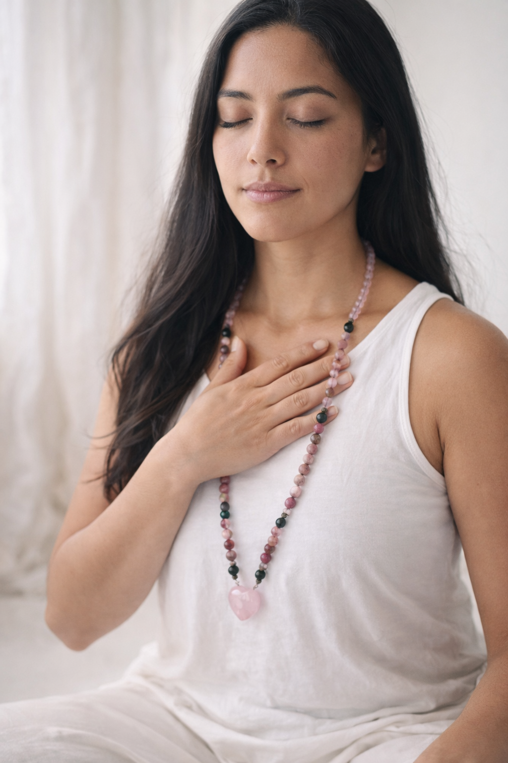 Ho’oponopono Mala Beads – Rose Quartz, Rhodonite & Moss Agate | Handmade Forgiveness Meditation Necklace - Samdea Mala