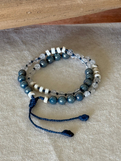 Natural gemstone box breathing mala  bracelet with groups of four beads to guide inhale, hold, exhale, and hold during breathing practice. 