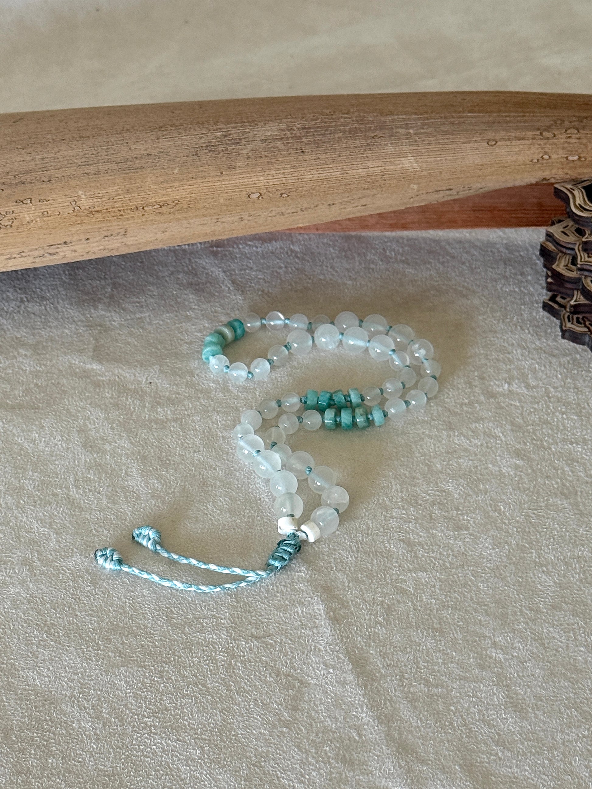 Full view of Adjustable handmade box breathing mala,  mala bracelet, designed to guide mindful breathing, meditation, mantra practice, and self-regulation through touch.