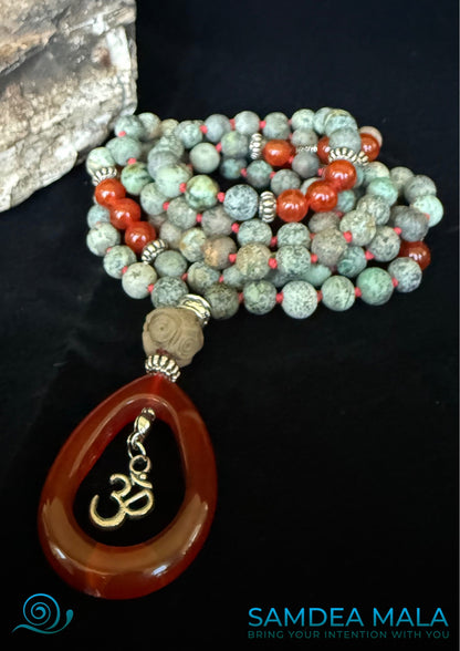 Samdea Mala made with African turquoise and red agate for energy and clarity.  Mala necklace with natural gemstone.  Mala for meditation, Mala necklace,  Custom mala beads, 108 prayer beads, Custom mala, 
