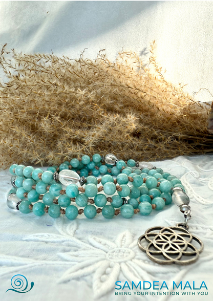 Amazonite Mala Necklace Hand knotted – Mini Mala with Clear Quartz & Seed of Life Pendant - mala for hope in natural gemstones 