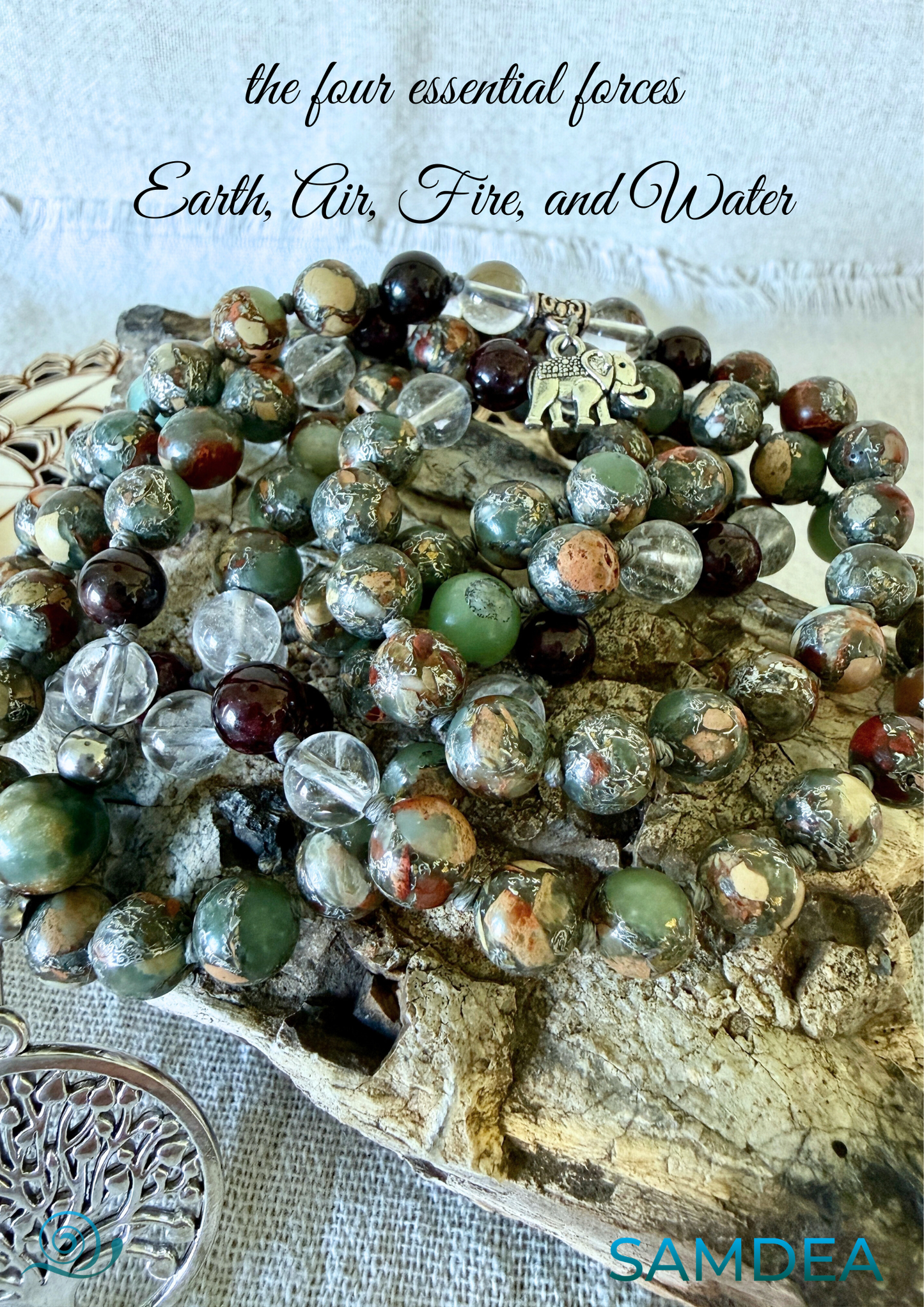 Close- up of four Elements Mala Necklace: Aqua, Earth, Air, and Fire with tree of life pendant. Mala meditation, handmade mala,mala for grounding, spiritual growth mala, balance mala, energy mala, yoga mala necklace, daily wear mala, made in California 4 Elements Mala Necklace – Aqua Terra Jasper, Clear Quartz, Garnet & Agate for Balance and Vitality