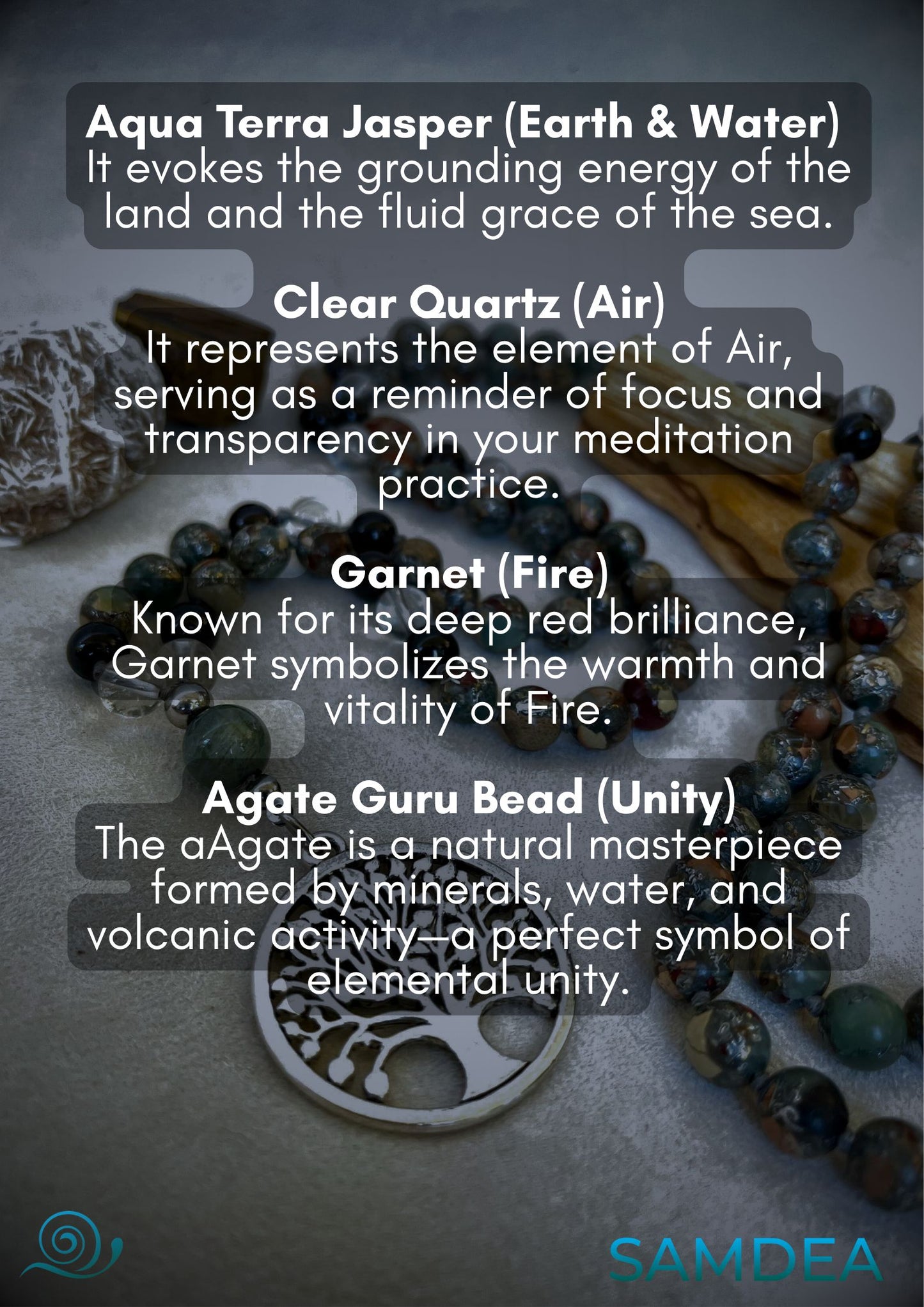 4 Elements Mala Necklace: Aqua, Earth, Air, and Fire with tree of life pendant mala meditation, handmade mala, chakra mala beads, mala for grounding, spiritual growth mala, balance mala, energy mala, yoga mala necklace, daily wear mala, made in California 4 Elements Mala Necklace – Aqua Terra Jasper, Clear Quartz, Garnet & Agate for Balance and Vitality