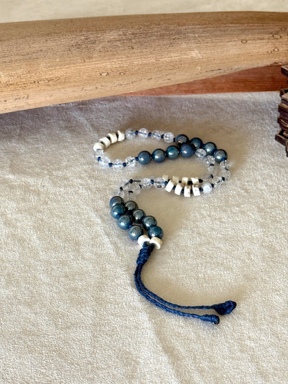 Aqua aura natural gemstone box breathing mala  bracelet with groups of four beads to guide inhale, hold, exhale, and hold during breathing practice. 