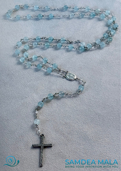  Italian Rosary, Roman Church Rosary, Samdea Mala handmade sterling silver rosary with aquamarine and clear quartz Catholic rosary with vintage silver cross, made in US. Handmade Catholic rosary. Handmade Rosary, Semi Precious Stone Rosary, Catholic Prayer Beads, Christian Meditation Beads, Spiritual Gift, Unique Rosary, Faith Jewelry, Rosary Necklace 