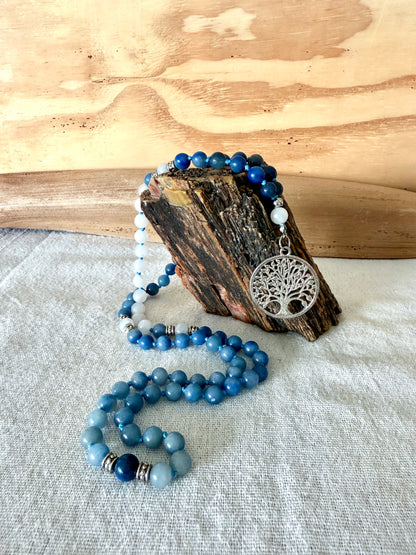 Blue Aventurine Short Mala Necklace – 81 Bead Mala with Frosted Clear Quartz and Tree of Life Pendant, Mala for Meditation and Inner Calm