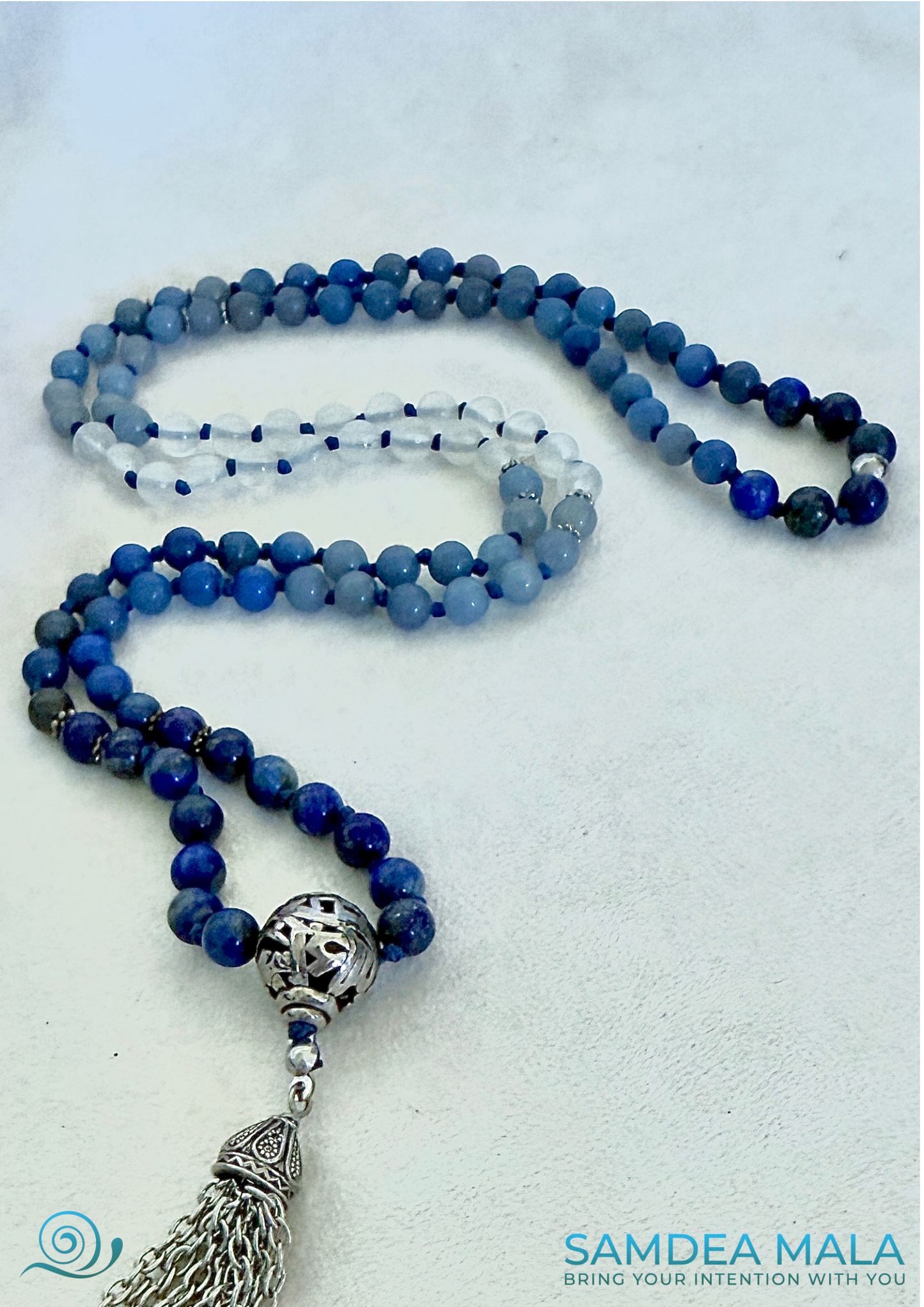 Samdea Mala Blue beads on natural gemstone mala for meditation and intention setting
