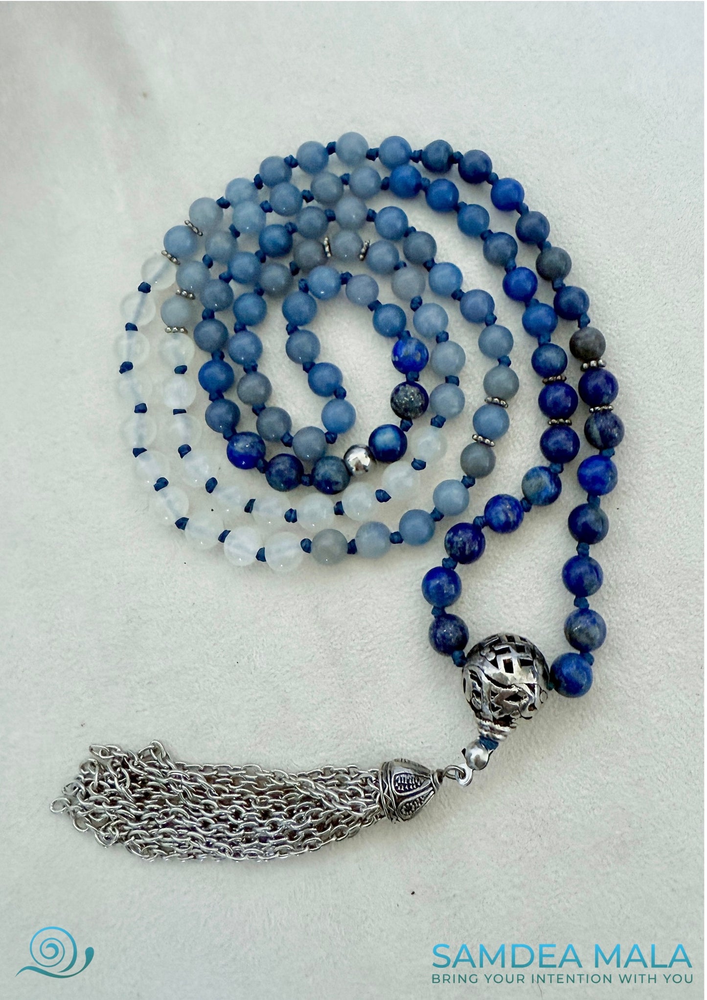 Blue beads on natural gemstone mala for meditation and intention setting - 108 beads