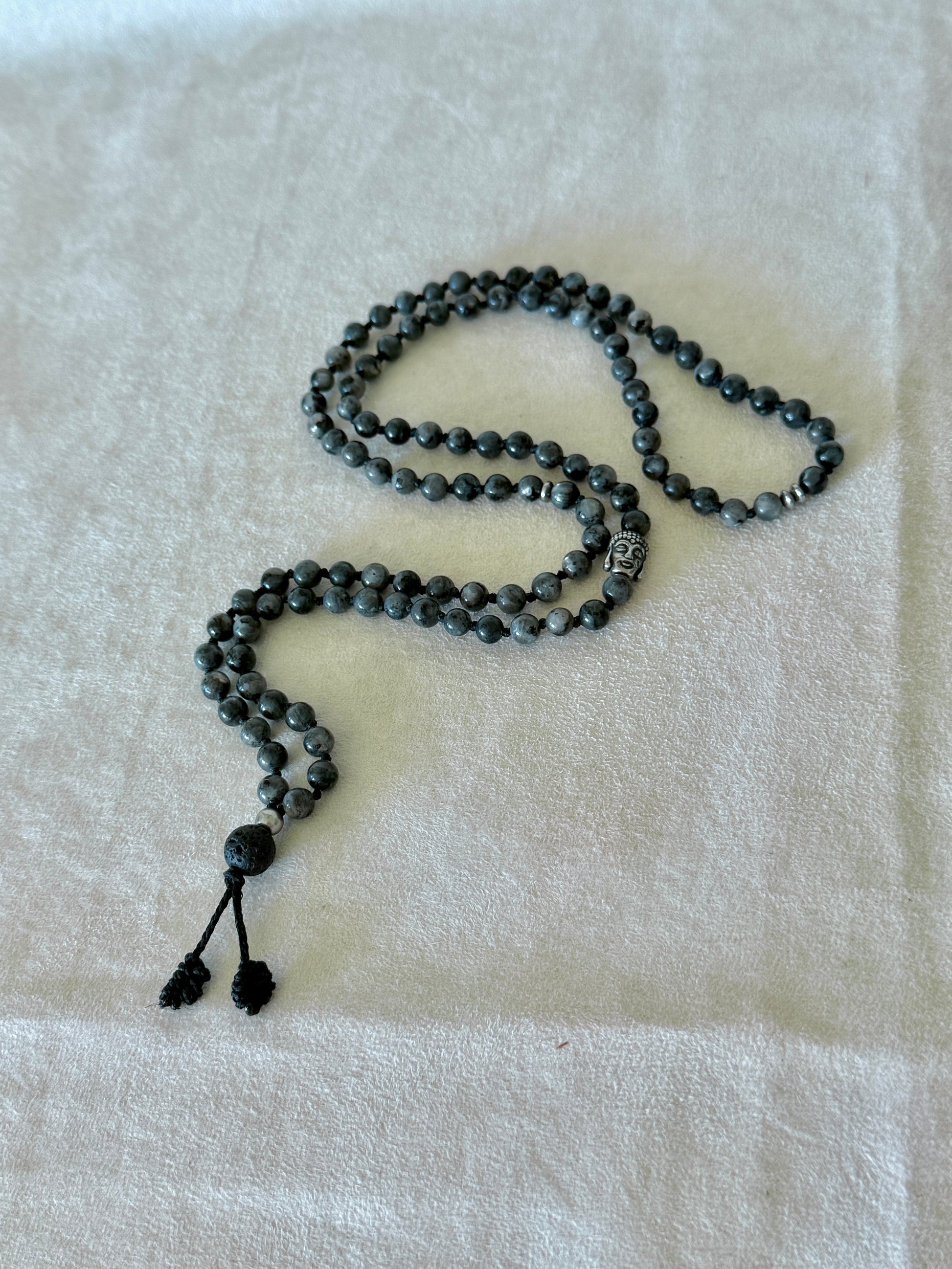 Mala for man. Natural grey larvikite mala necklace with 6 mm beads, lava stone meru, stainless steel Buddha charm and grounding spiritual jewelry 