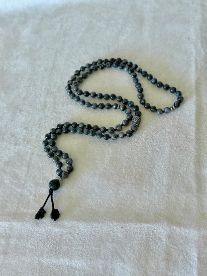 Mala for man. Natural grey larvikite mala necklace with 6 mm beads, lava stone meru, stainless steel Buddha charm and grounding spiritual jewelry 
