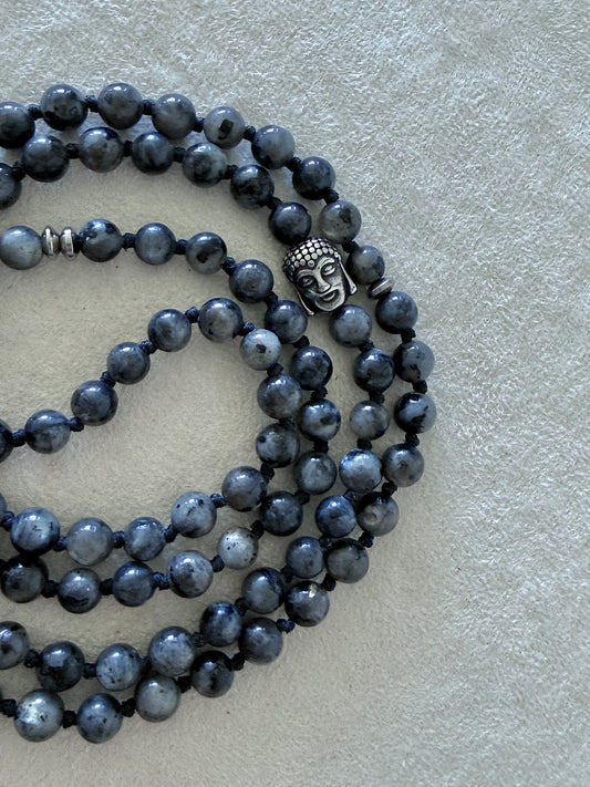 Spiritual bracelet, multi-round bracelet Detail stainless steel Buddha Charm on Samdea Mala larvikite wrap bracelet with 6 mm natural stone beads