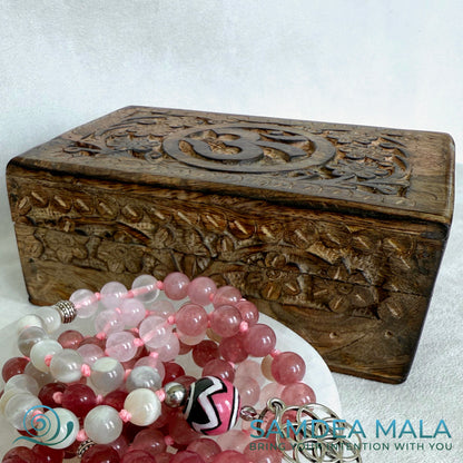 Carved Wooden Mala Box and sacred jewelry – Jewelry and Keepsake Storage for Sacred Objects - OM design