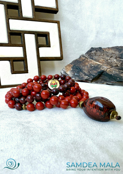 Mala for meditation with red jasper and Tiger Iron for grounding, Hanuman charm, Grounding mala necklace with 108 prayer beads, Tiger Iron pendant on spiritual mala necklace, Mala for root chakra and heart connection, Handmade mala beads for meditation and strength, hand knotted mala necklace with tiger iron pendant