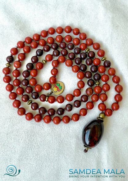 Mala for meditation with red jasper and Tiger Iron for grounding, Hanuman charm, Grounding mala necklace with 108 prayer beads, Tiger Iron pendant on spiritual mala necklace, Mala for root chakra and heart connection, Handmade mala beads for meditation and strength, hand knotted mala necklace with tiger iron pendant
