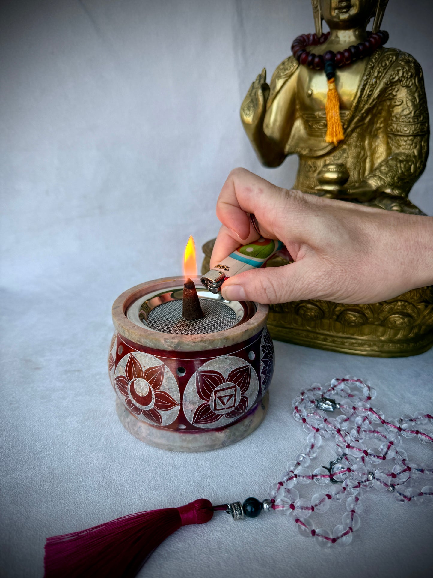 Soapstone Tealight Candle – Cone Incense and Resin Burner, Multi-Color 7 Chakras | Hand-Carved 3″ x 3.5″ with Metal Sieve