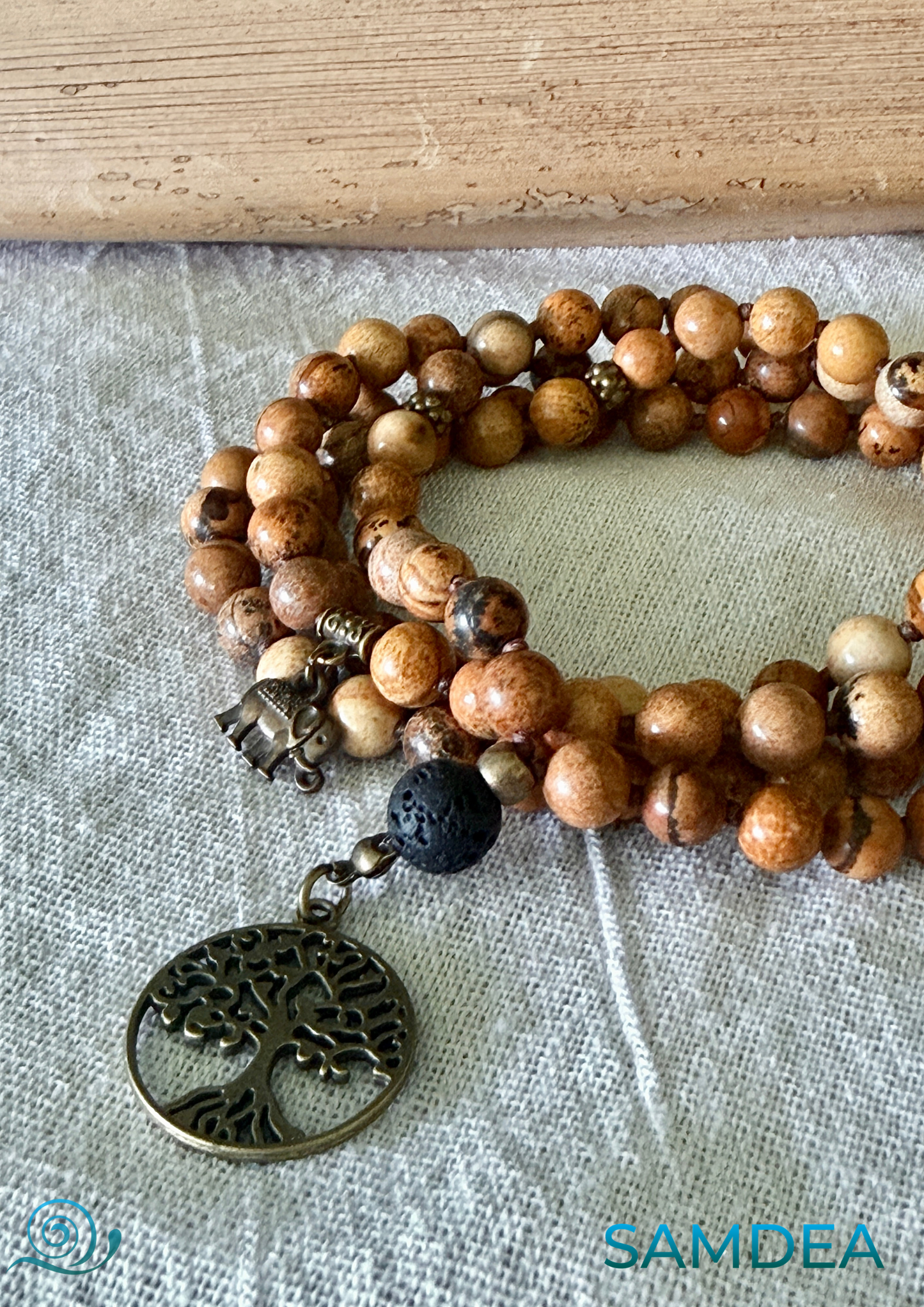 Strength: Sand Jasper Mala Necklace – 108 Beads for Meditation with Lava Stone Meru and Tree of Life Pendant - Samdea Mala