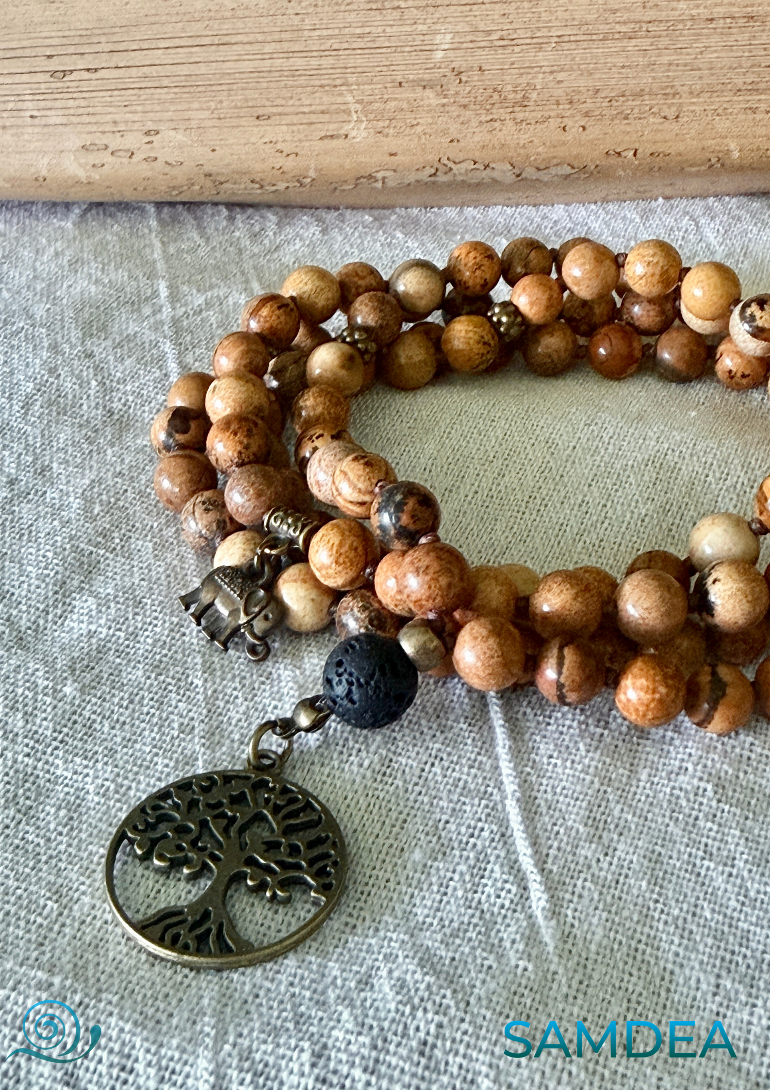 Strength: Sand Jasper Mala Necklace – 108 Beads for Meditation with Lava Stone Meru and Tree of Life Pendant - Samdea Mala