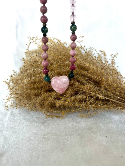 Close-up Ho’oponopono mala rose quartz heart pendant, Ho’oponopono Mala Beads - mala necklace for meditation, energy crystals for self-love, spiritual mala, natural gemstones mala necklace