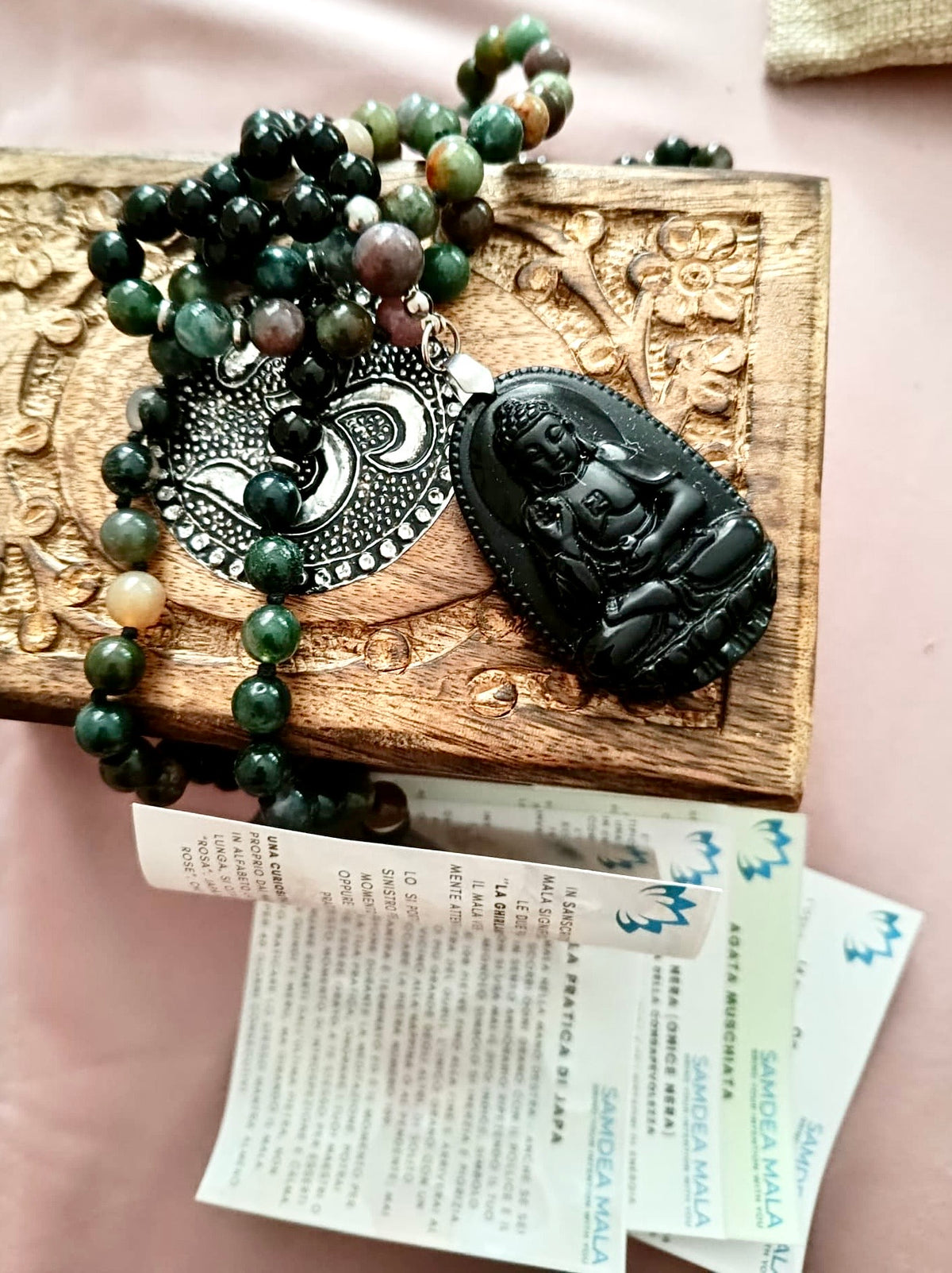 Custom Guru Mala necklace in a wooden box, example of bead arrangement and guru bead placement
