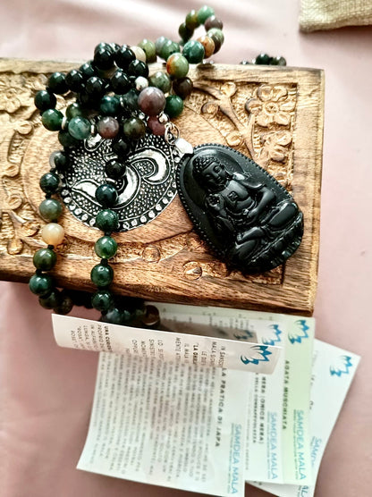Custom Guru Mala necklace in a wooden box, example of bead arrangement and guru bead placement