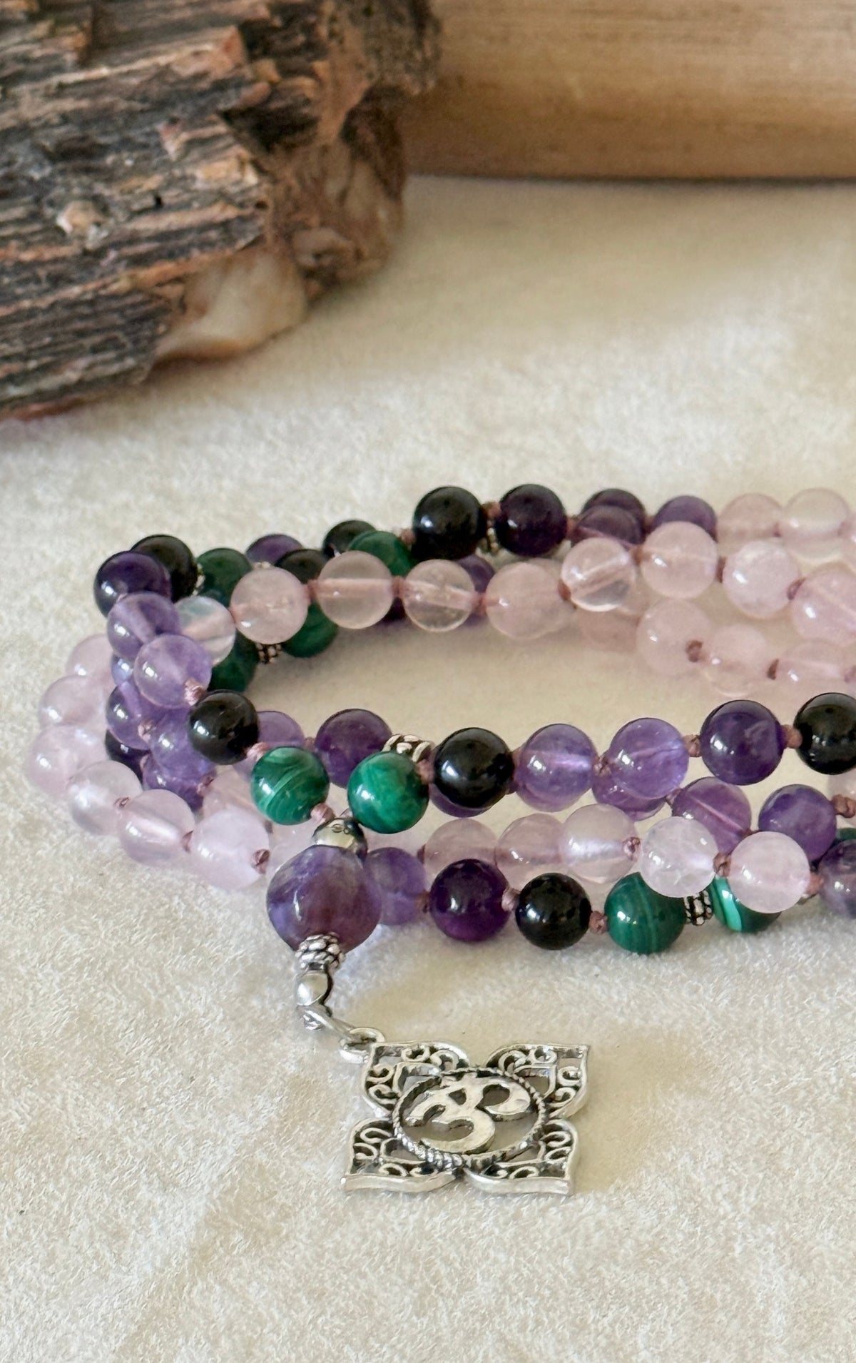 purple and green mala necklace in amethyst and malachite wuth om pendantGuru mala Samdea