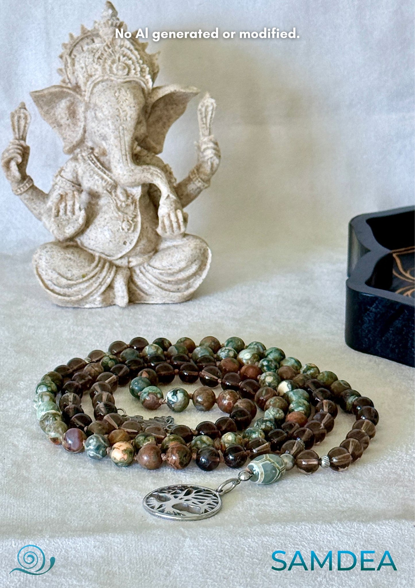 Custom Mala for meditation - Guru  DZI mala - riolite jasper and fume quartz