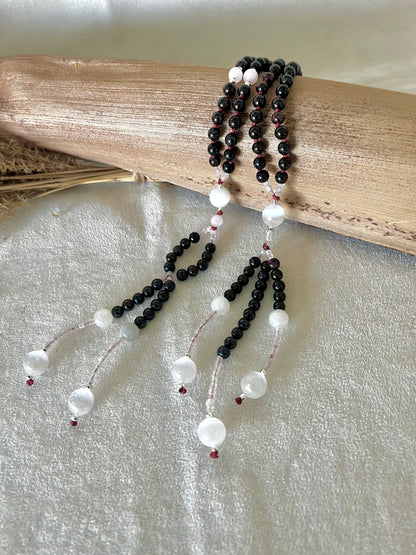 Custom Juzu - Nichiren Buddhist Prayer Beads - Video of custom Nenju, Juzu, Japanese Buddhist Mala, buddhist japamala, juzu beads, nichiren juzu, buddhist prayer beads, prayer beads juzu, nichiren buddhist juzu, japanese prayer beads, Namu Myoho Renge Kyo in garnet and clear quartz.