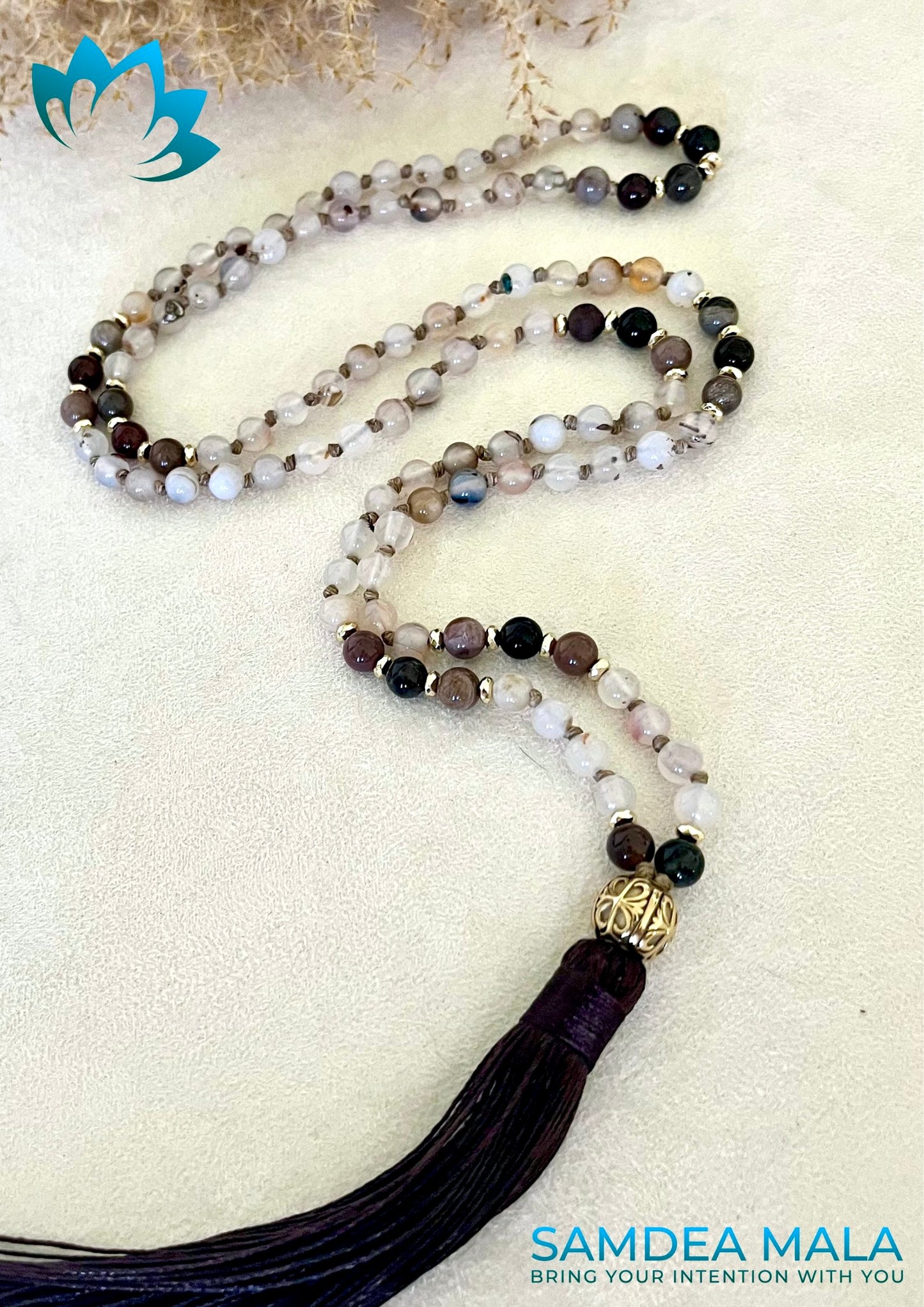 Mini Mala in Dendritic Agate and Petrified Wood - custom mala, spiritual mala - Samdea Mala