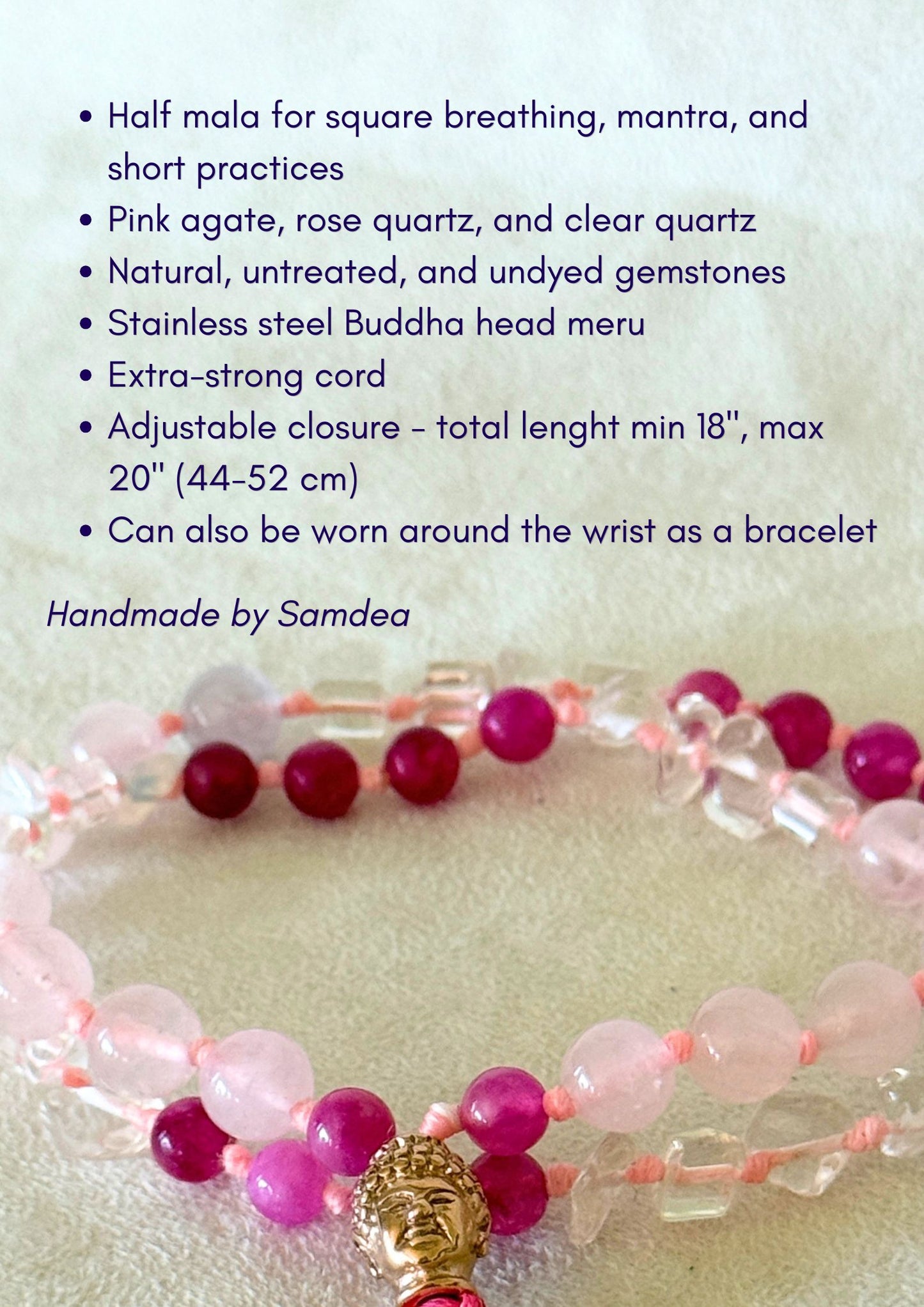 Handmade  Square Breathing Mala with pink agate, rose quartz, clear quartz, and a rose-gold-colored stainless steel Buddha head meru, designed for box breathing, meditation, and mindful pauses.