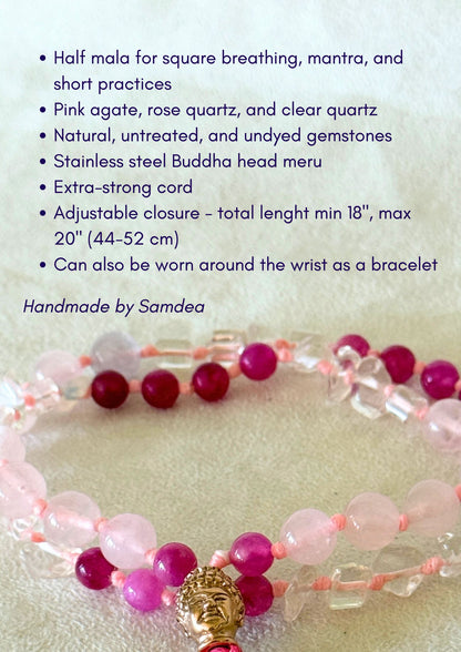 Handmade  Square Breathing Mala with pink agate, rose quartz, clear quartz, and a rose-gold-colored stainless steel Buddha head meru, designed for box breathing, meditation, and mindful pauses.
