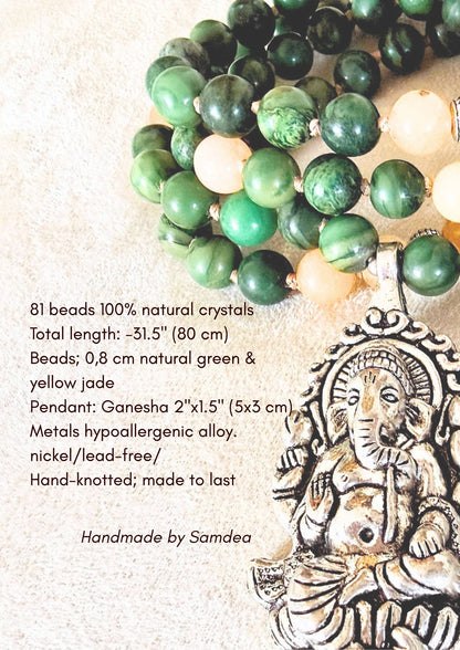Details of a short green mala in natural jade or abundance with Ganesh pendant 