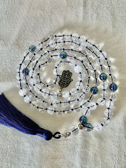 Collana Mala in Quarzo Ialino, Perline Aqua Aura, 108 Perline da Preghiera Meditative, Ciondolo Hamsa