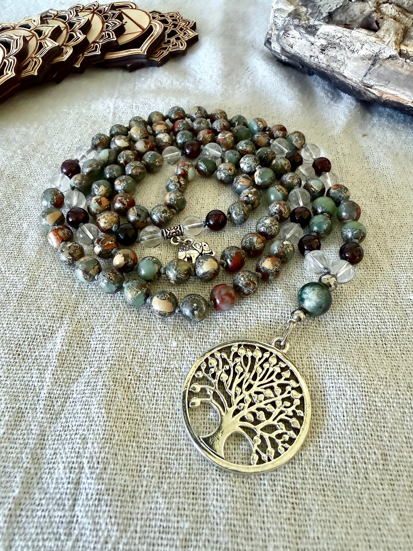 Four Elements Mala Necklace: Aqua, Earth, Air, and Fire with tree of life pendant. Mala meditation, handmade mala, mala for grounding, spiritual growth mala, balance mala, energy mala, yoga mala necklace, daily wear mala, made in California – Aqua Terra Jasper, Clear Quartz, Garnet & Agate for Balance and Vitality