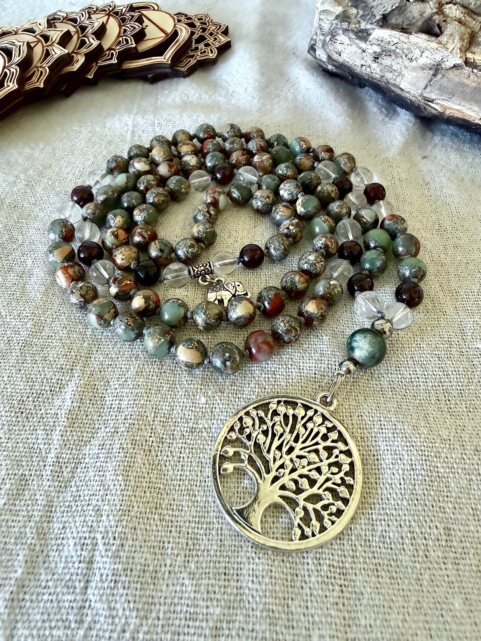 Four Elements Mala Necklace: Aqua, Earth, Air, and Fire with tree of life pendant. Mala meditation, handmade mala, mala for grounding, spiritual growth mala, balance mala, energy mala, yoga mala necklace, daily wear mala, made in California – Aqua Terra Jasper, Clear Quartz, Garnet & Agate for Balance and Vitality