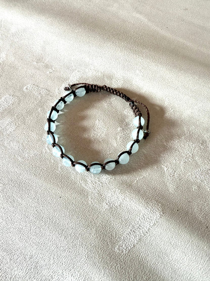 Tibetan Bracelet in Aquamarine - meditation bracelet for balance and peace, mindful living. Clear blue beads Shamballa-style bracelet with natural gemstones.