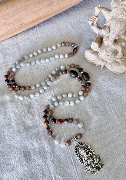 Full view of Ganesha mala necklace with natural gray moonstone from Sri Lanka and black moonstone for meditation