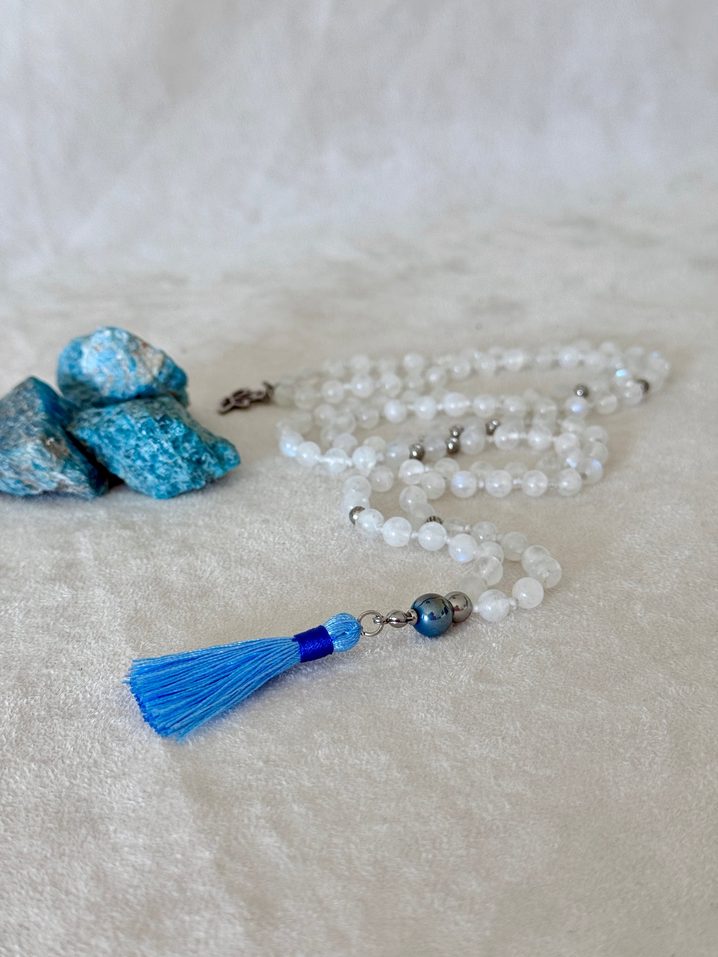 Full view of Hand-knotted Rainbow Moonstone mala necklace 