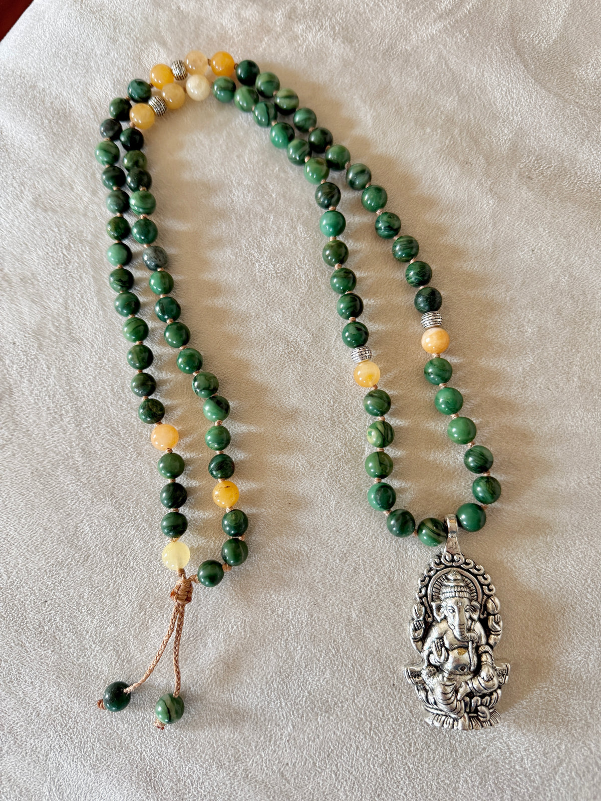 Full view of Green & Yellow Jade Short Mala for Abundance — Ganesha Pendant, 81 Prayer Beads | Meditation Mala Necklace - Samdea Mala