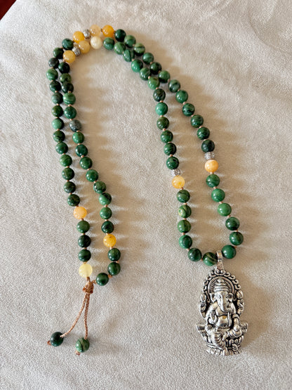 Full view of Green & Yellow Jade Short Mala for Abundance — Ganesha Pendant, 81 Prayer Beads | Meditation Mala Necklace - Samdea Mala