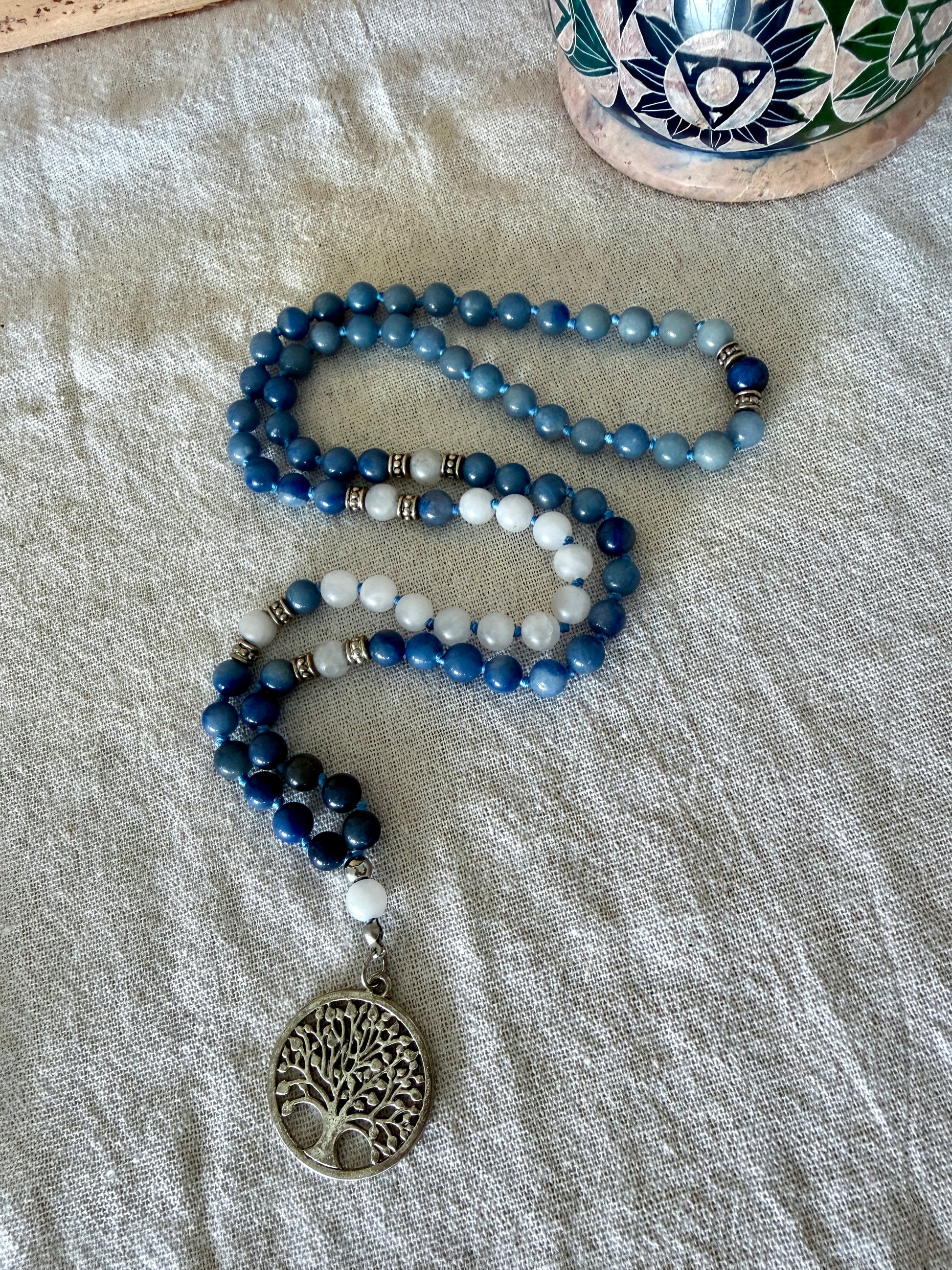 Full viwe of Blue Aventurine Short Mala Necklace – 81 Bead Mala with Frosted Clear Quartz and Tree of Life Pendant, Mala for Meditation and Inner Calm