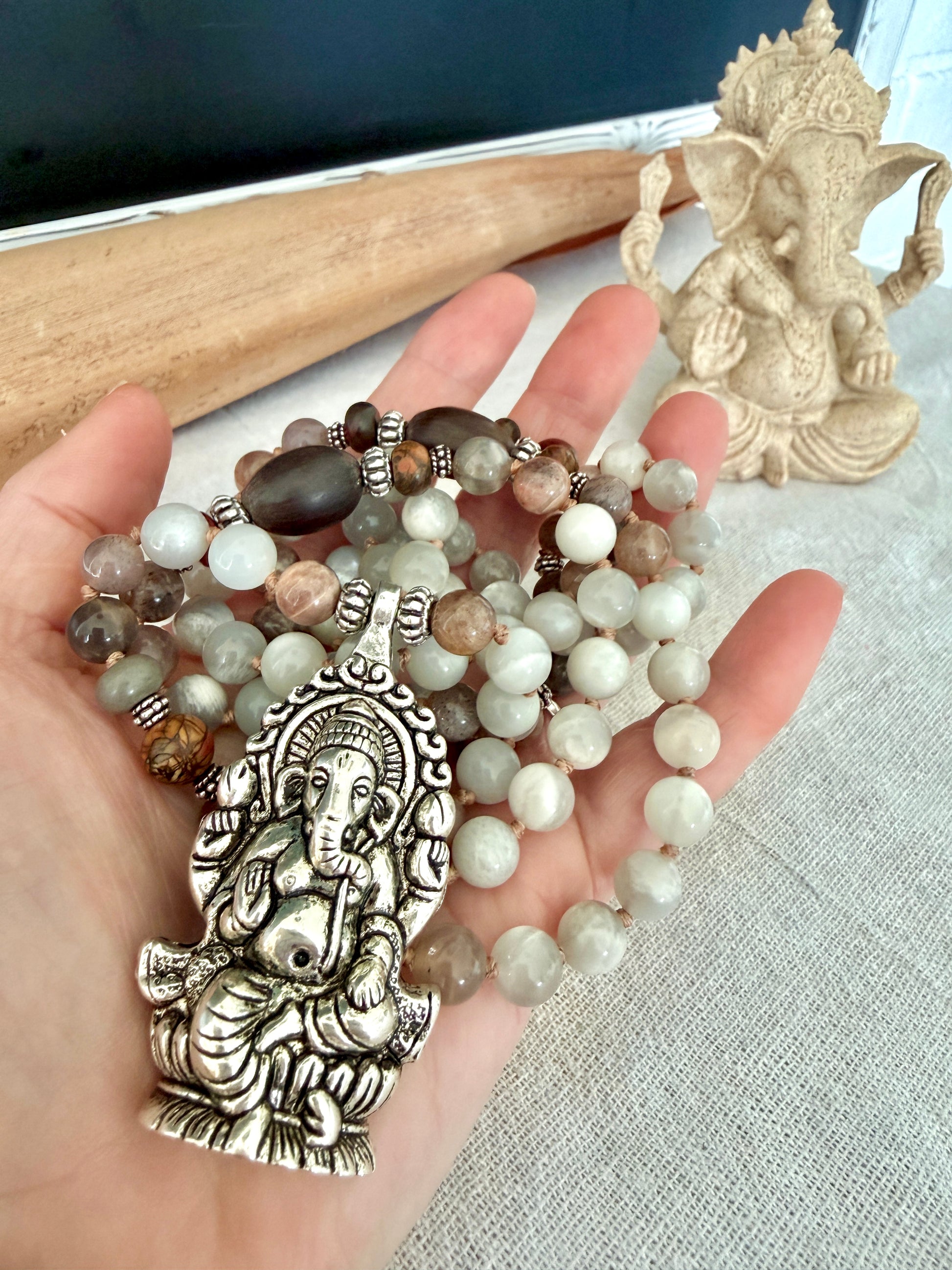 Ganesha mala necklace with black moonstone gray moonstone and landscape jasper 108 prayer beads
