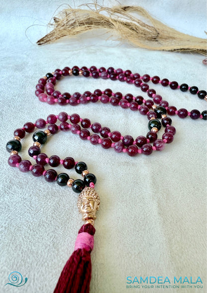 Mini garnet mala necklace 108 beads for meditation, with Buddha charm- Samdea mala