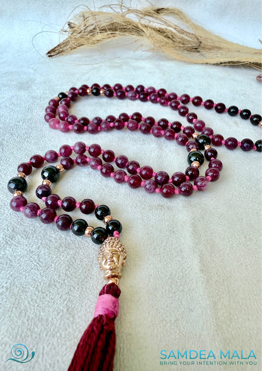 Mini garnet mala necklace 108 beads for meditation, with Buddha charm- Samdea mala