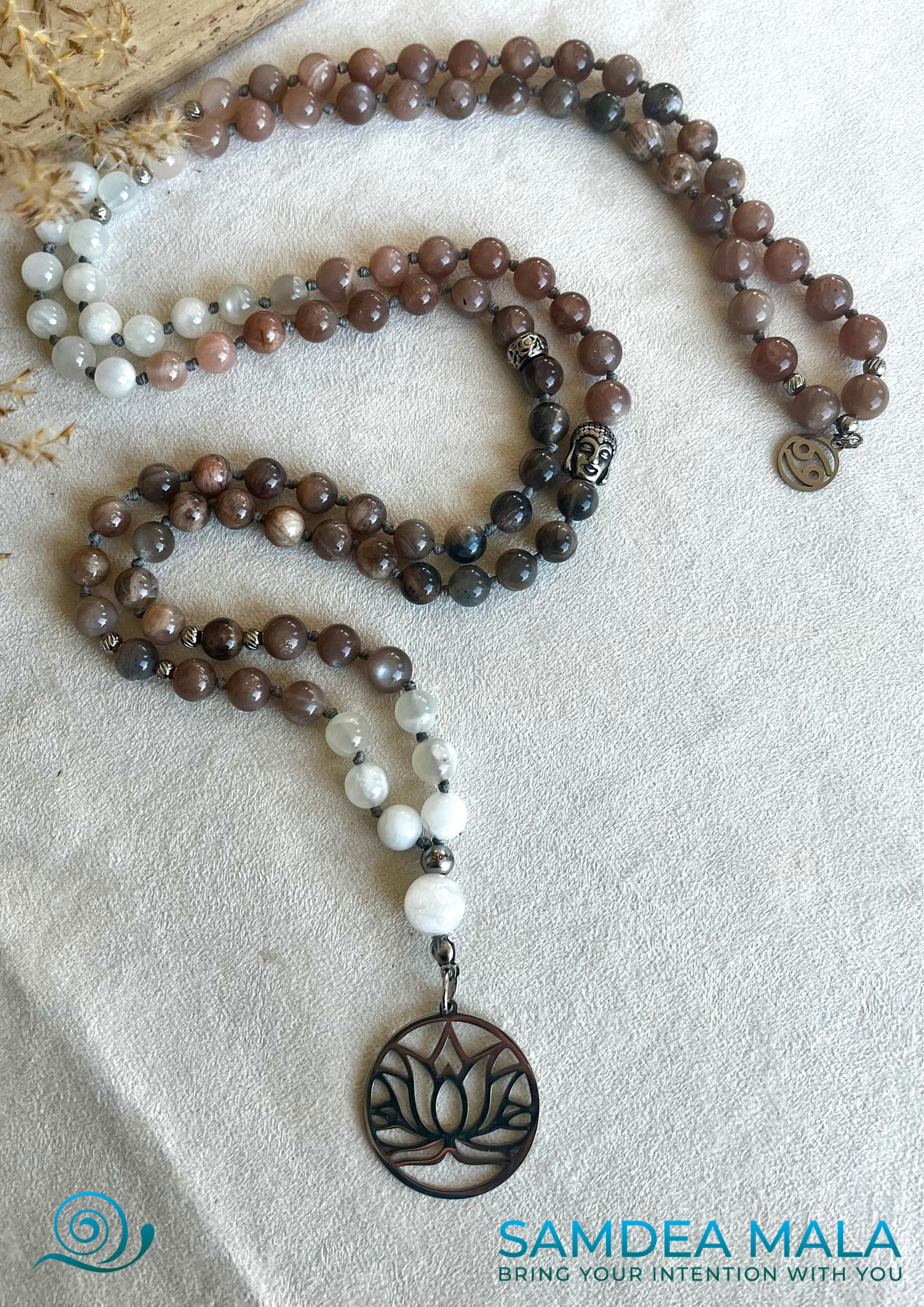 Mala for Cancer - custom mala beads, spiritual mala, gemstone necklace, gemstone for zodiac sign, zodiac crystal, zodiac gemstones - Samdea Mala