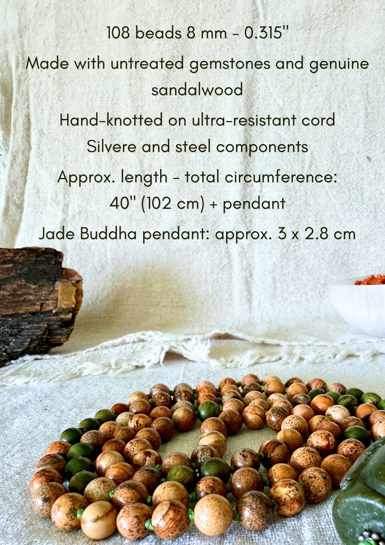 Genuine sandalwood mala necklace with 108 hand-knotted beads, earthy sand jasper, and Jade Buddha meru bead