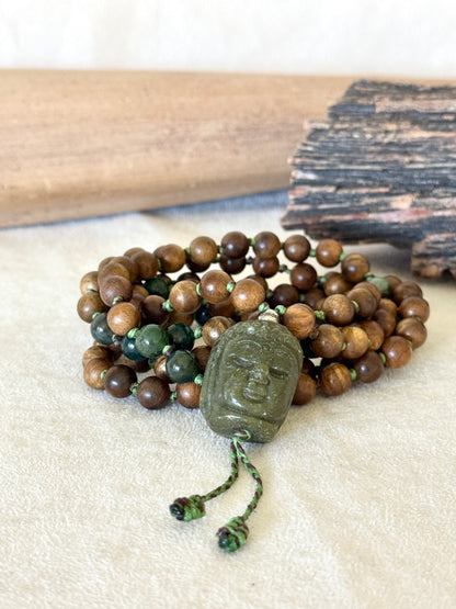 Sandalwood mala necklace with Indian agate beads and jade Buddha pendant, alternate view