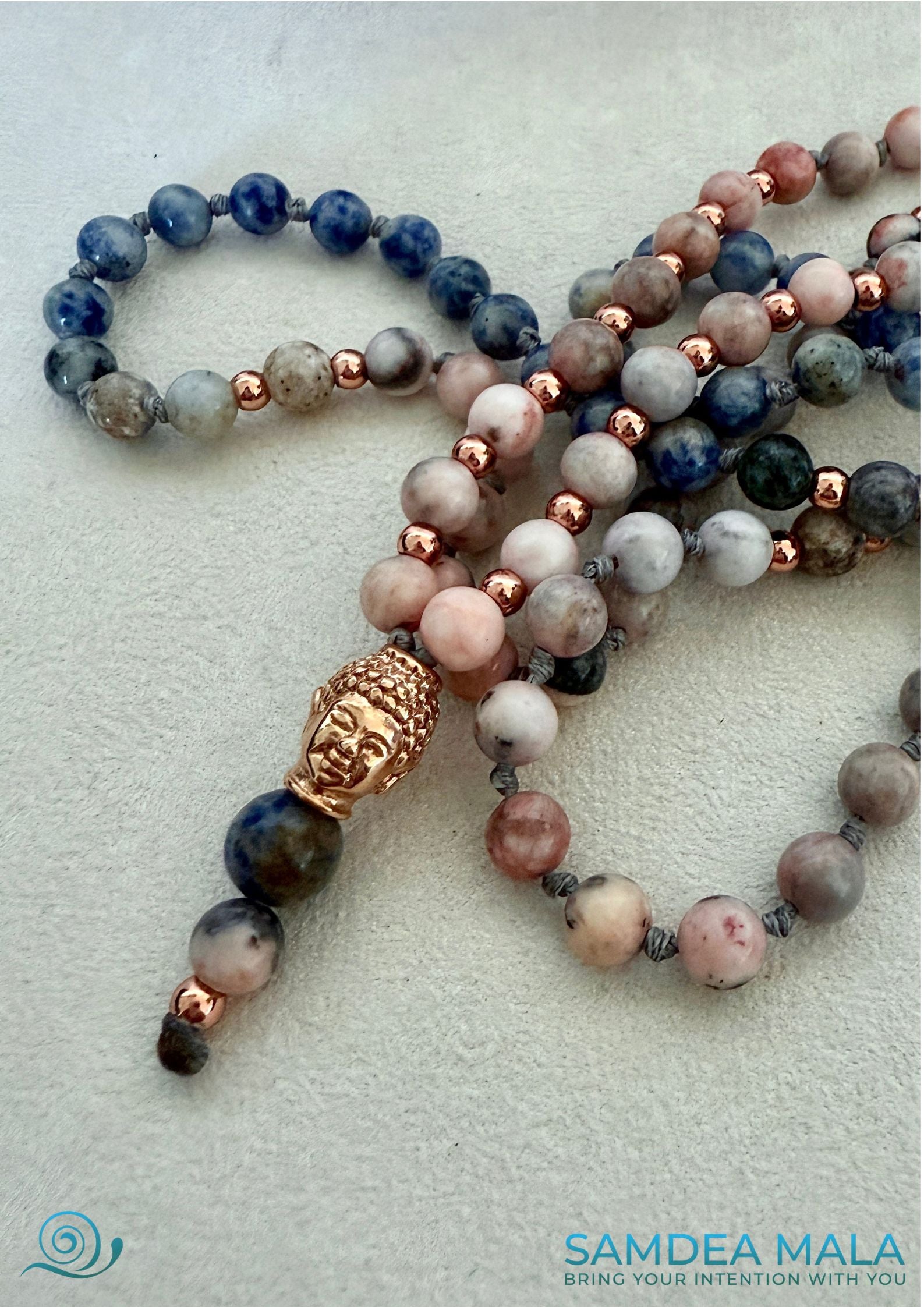 Golden Buddha Zebra Jasper Mala Necklace: 108 Beads for Balance, Communication and Inner Strength