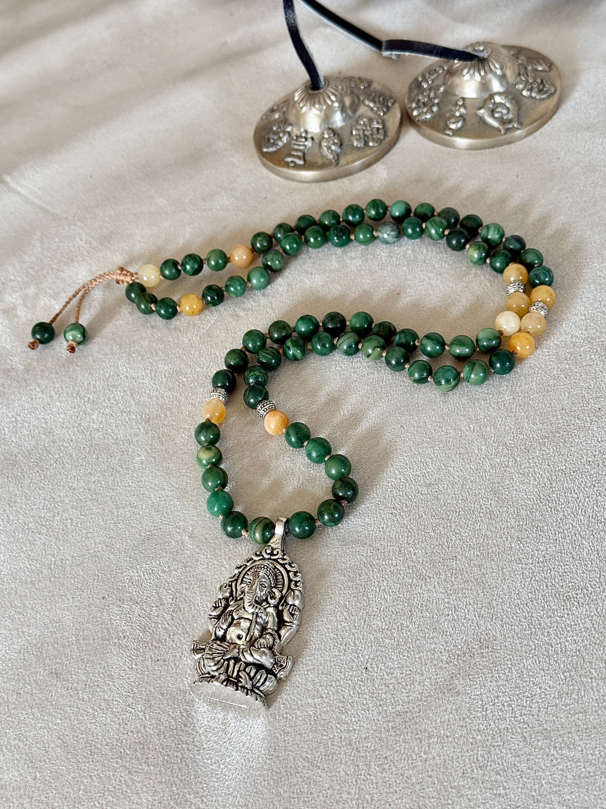 Green & Yellow Jade Short Mala for Abundance — Ganesha Pendant, 81 Prayer Beads | Meditation Mala Necklace - Samdea Mala