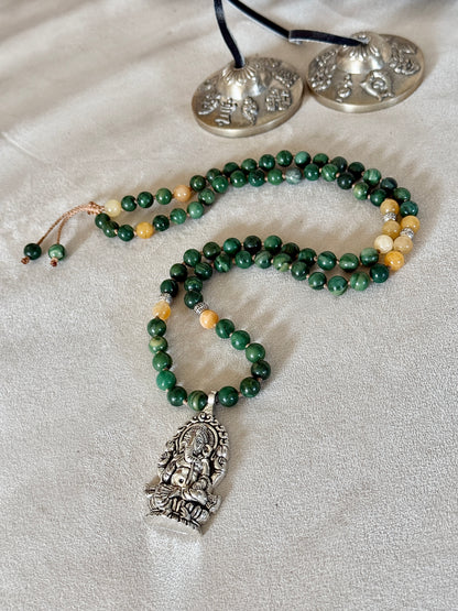 Green & Yellow Jade Short Mala for Abundance — Ganesha Pendant, 81 Prayer Beads | Meditation Mala Necklace - Samdea Mala