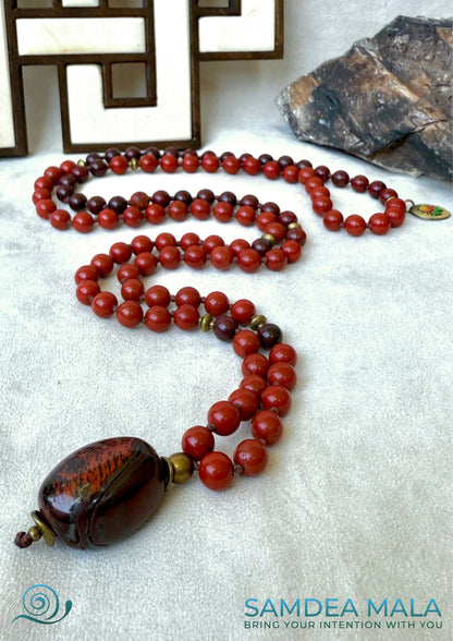 Samdea Mala for meditation with red jasper and Tiger Iron for grounding, Hanuman charm, Grounding mala necklace with 108 prayer beads, Tiger Iron pendant on spiritual mala necklace, Mala for root chakra and heart connection, Handmade mala beads for meditation and strength, hand knotted mala necklace with tiger iron pendant